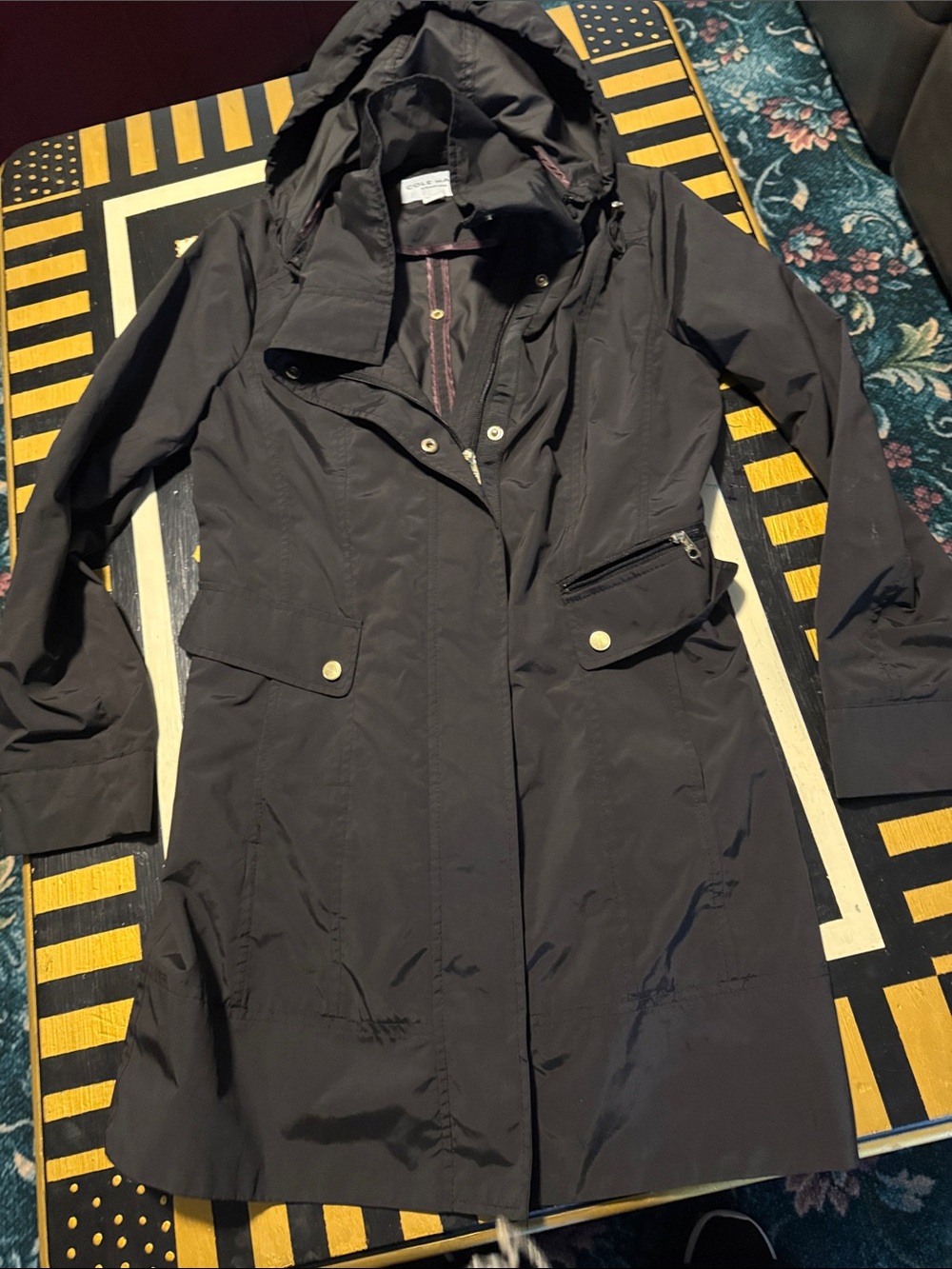 Cole Haan Black Packable Hooded Trench (rain coat)with Gold-Tone Hardware